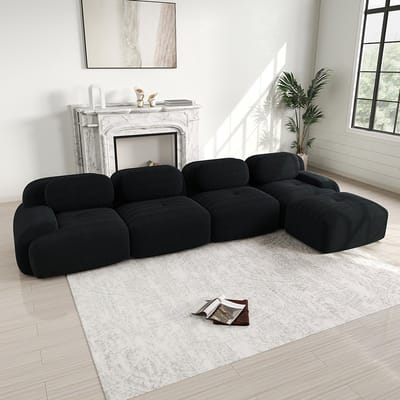 BLACKCOLORS Hoekbank met 4 zitplaatsen met zeer elastische 32D-vulling, antislip, met chaise longue, extra brede armleuningen, vrij te combineren, zonder montage, voor kantoor, woonkamer en thuisbioscoop, zwart