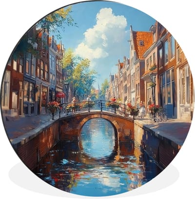 WallCircle - Wandcirkel - Muurcirkel - Stad - Gracht - Zon - Fietsen - Aluminium - Dibond - 30x30 cm - Binnen en Buiten