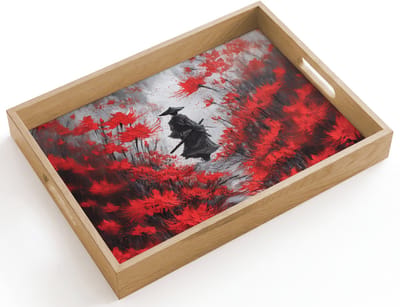 Dienblad hout 40x30 cm - Schootdienblad - Rode bloemen - mistig - Man - Borrelplank rechthoek - Plateau dienbladen