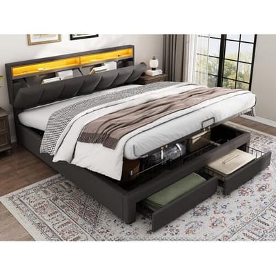 ModernLuxe Gestoffeerd opbergbed 160x200cm in linnen met lade en LED - opberghoofdeinde - lattenbodem - Grijs