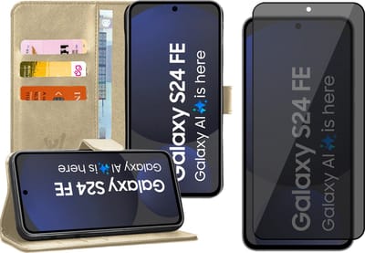 Hoesje geschikt voor Samsung Galaxy S24 FE - Privacy Screenprotector Volledig Dekkend Glas - Portemonnee Book Case Goud