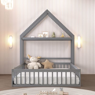 Pugsdrly Kinderbed 140 x 200, kinderbedframe van massief hout met opbergruimte, volledige beschermhekken en deuren en lattenbodem, grijs