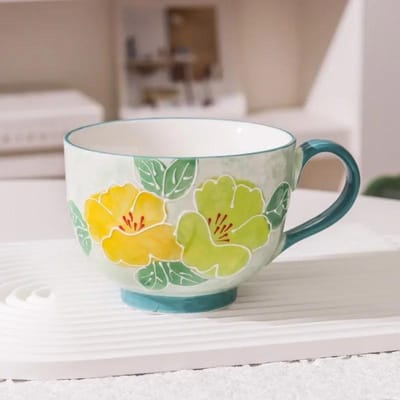 500ml Keramische Koffiekop Huishoudelijk Reliëf Bloem Theekop Ontbijt Melk Haver Mokken Kantoor Handgetekende Kunst Drinkwater Kopjes 500ML yellow