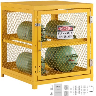VEVOR horizontale cilinderopslagkast, 4 x 33 lbs cilinderinhoud, 31,02 x 30,04 x 35 inch propaanopslagkooi, gascilinderkast, gele poedercoating, voor freon, gassen, zuurstof, stikstof