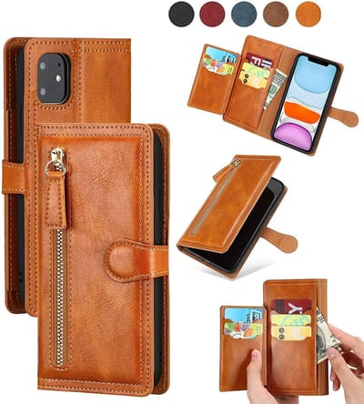 Premium vintage portemonnee hoesje met ritssluiting flip-cover hoes met kaarthoudersleuven - Geschikt voor: iPhone 12 Pro Max licht bruin