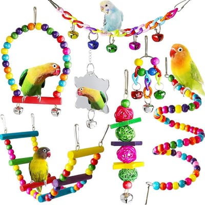 Lot de 7 jouets en bois pour perroquets, cage à oiseaux, accessoires pour oiseaux, balançoire, pont suspendu, cage à billes, cloches, fournitures pour animaux de compagnie yellow