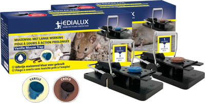Edialux Set van 2 gifvrije muizenvallen met chocolade- en vanille-aroma, langdurig werkende lokblokjes voor het detecteren van muizen, navulbare lokaasdoos voor herhaald gebruik, tot 3 maanden werking