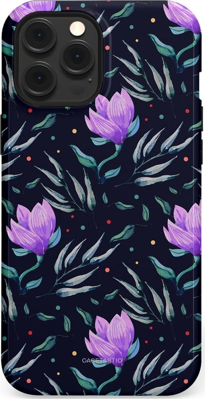 Casetastic hoesje geschikt voor Apple iPhone 12 Pro Max - MagSafe - Dubbellaagse bescherming - Mystieke bloemenzee - Fashion Case - Donkerblauw Donkergrijs Grijs Lavendel