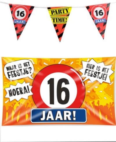 16 jaar verjaardag versiering pakket – vlag – gevelvlag – paperdreams