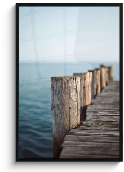 Poster in lijst - Fotolijst 80x120 cm - Posters - Houten steiger - Helderblauwe lucht - Posterlijst zwart - Decoratie - Wanddecoratie woonkamer - Muurdecoratie slaapkamer