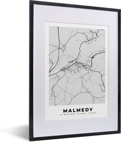 Fotolijst incl. Poster Zwart Wit- Kaart – Plattegrond – Stadskaart – Malmedy – België – Zwart Wit - 30x40 cm - Posterlijst