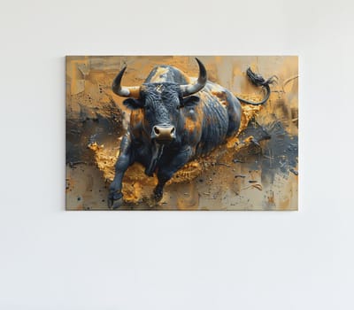Canvas Schilderij - Dieren - Stier - Zwart - Goud - 3D Effect - 60x40x2 cm
