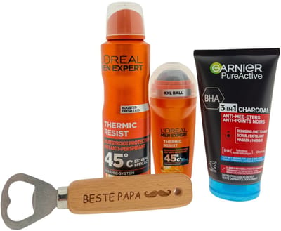 L’Oréal Men Expert & Garnier Heren Cadeauset – Deo Spray, Deo Roller & Reinigingsgel met Bieropener “Beste Papa” – Vaderdagcadeau voor Mannen