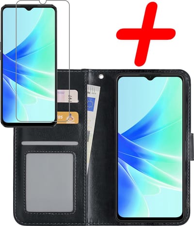Hoesje Met Screenprotector - Geschikt voor OPPO A57 - Luxe Pasjeshouder - Bookcase Portemonee - Flip Case - Kunstleer Book Case - Flipcase - Book Cover - Walletcase - Portemonneehoes - Zwart