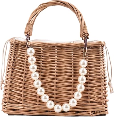 Rieten Tas - Strandmand - Zomerse Uitjes - Parel Handvat - 23 cm Breed - Natuurlijk