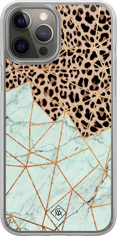 Casimoda® hoesje - Geschikt voor iPhone 12 Pro - Luipaard Marmer Mint - 2-in-1 case - Schokbestendig - Luipaardprint - Verhoogde randen - Mint, Transparant