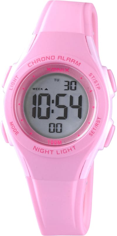 Xonix BAY-A01 - Horloge - Digitaal - Kinderen - Unisex - Siliconen band - ABS - Cijfers - Achtergrondverlichting - Alarm - Start-Stop - Tweede tijdzone - Datumaanduiding - Waterdicht - Roze - 10 ATM