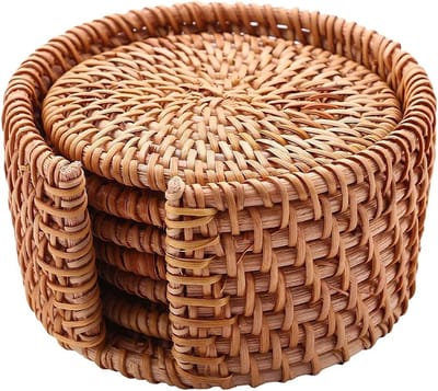 WiseGoods Luxe Rotan Onderzetters & Houder - Onderzetter Set - Cadeau - Woonaccessoires - Decoratie Wonen - Woondecoratie - Bruin