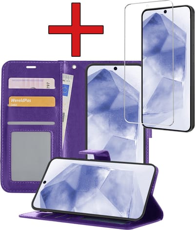 Hoesje - Met Screenprotector - Geschikt voor Samsung Galaxy A55 - Luxe Pasjeshouder - Flipcase - Bookcase Portemonee - Flip Case - Kunstleer Book Case - Book Cover - Walletcase - Portemonneehoes - Telefoonhoes - Paars