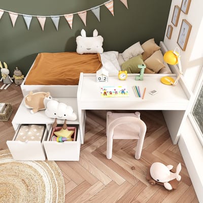 Kinderbed, Massief Houten Eenpersoonsbed met Bureau en Lades, 90x200 cm, Wit, Opbergbed met Lattenbodem, voor Jongens & Meisjes (Zonder Matras)