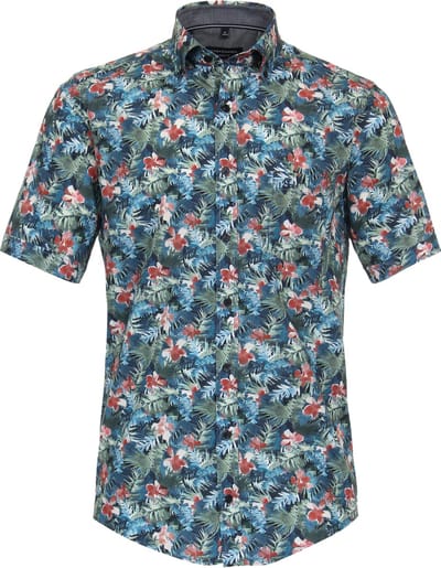CASA MODA Sport casual fit overhemd - korte mouw - popeline - groen met blauw en rood dessin - Strijkvriendelijk - Boordmaat: 41 - 42