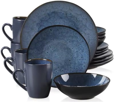 Serviesset 16 delig Blauw - 4 persoons, Diepe borden en Ontbijtborden - Voor Diner, Keuken, Dagelijks Gebruik en Ontbijt
