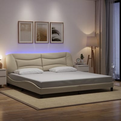 vidaXL - Bedframe - met - LED - zonder - matras - "Hvar" - 200x200 - cm - stof - crèmekleurig