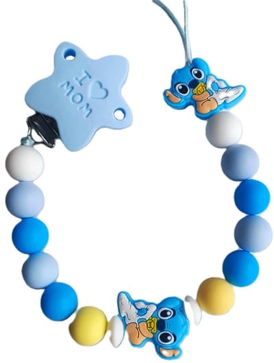 Fopspeenkoord “Stitch” – Handgemaakte Blauwe Siliconen Speenclip “I  Mom”