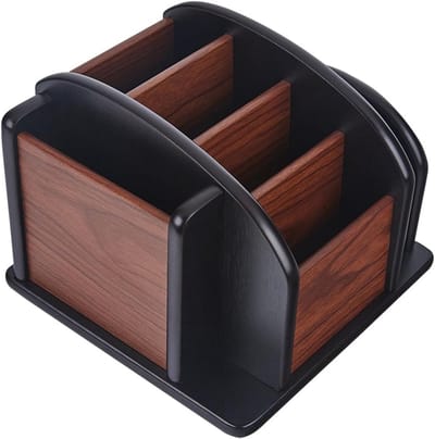 Multifunctionele bureau-organizer van hout met 6 vakken, ideaal voor pennen, afstandsbedieningen en kleine spullen, perfect voor kantoor en thuisgebruik