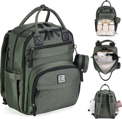 Brisby Premium Luiertas – Uitgebreide en Functionele Verzorgingstas – met buggymontage – Anti Diefstal Vakken - Reistrolley Sleeve - Inclusief verschoonmatje t.w.v.15,99 euro en speenhouder - Levenslange Garantie - Groen
