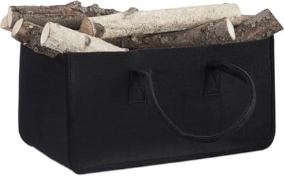 Famanu – Opvouwbare vilten houtmand met handgrepen, multifunctionele opbergmand voor haardhout, kranten en woonaccessoires in zwart