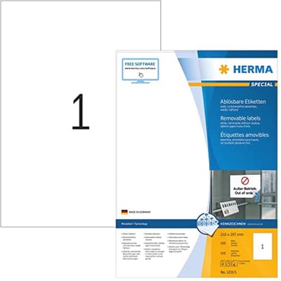 Universele afneembare etiketten A4 - 210 x 297 mm, zelfklevend, mat, 100 vellen