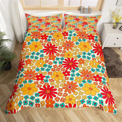 Retro jaren 70 Hippie Stijl Dekbedovertrek Queen Microfiber Psychedelisch Paddenstoelen Beddengoed Set Kamer Decoratie Cadeaus Regenboog Bloemen Dekbedovertrek AU Single(140*210cm)3pcs