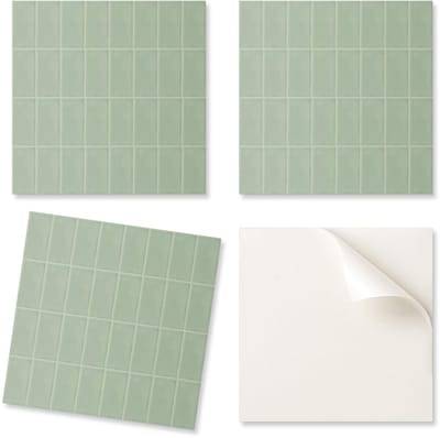 Verpakking met decoratieve vinyltegels voor keuken of badkamer. Rechthoekige tegels in een raster van 20x20x20 cm.