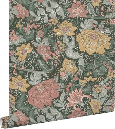 ESTAhome behang vintage bloemen blauwgroen, oudroze en okergeel - 50 x 900 cm - 131198