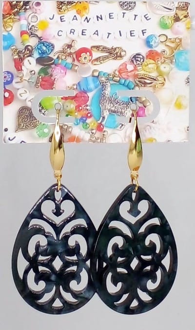 Jeannette-Creatief® - Resin - Barok Druppel Zwart - Oorbellen Dames - Zwarte Oorbellen - Oorbellen Goud RVS - Druppel Oorbellen - Resin Oorbellen - Resin Druppel - Oorbellen Zwart - Gouden RVS Oorbellen - Nieuwjaar