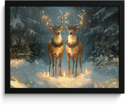 Poster in lijst - Fotolijst 40x30 cm - Posters - Dennensprookje - Rendier - Nacht - Posterlijst zwart - Decoratie - Wanddecoratie woonkamer - Muurdecoratie slaapkamer
