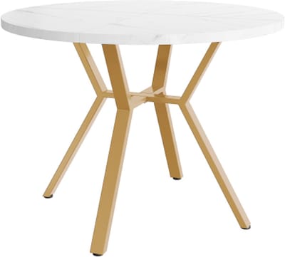 Moderne en eenvoudige ronde marmeren eettafel (diameter 1 m), X-vormige salontafel met metalen beugel, stabiel en duurzaam, goudkleurig