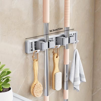 Support de balai et serpillière en métal robuste avec crochets réglables, étagère murale pour la maison, la cuisine, le jardin, la buanderie et le garage. argenté