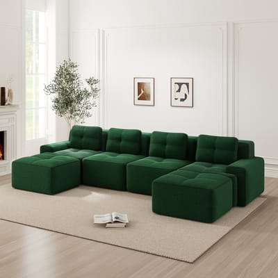 Wishdor - Modulaire Bank - Diepe Zitting En Antislip Ontwerp - Minimalistische Stijl - Voor De Woonkamer - Cordstof - Groen - 4-Zits Met U-Vormige Chaise Longue