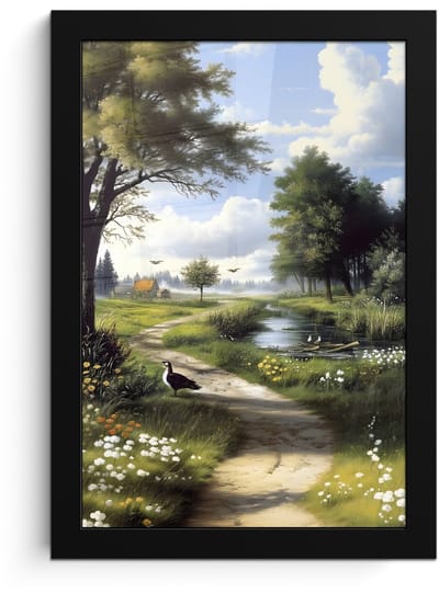 Poster in lijst - Fotolijst 20x30 cm - Posters - Zandpad - Groen landschap - Water - Posterlijst zwart - Decoratie - Wanddecoratie woonkamer - Muurdecoratie slaapkamer