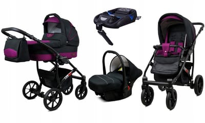 BabyLux® Kinderwagen 4in1 – LARGO - BLACK PURPLE BLACK FRAME - Opklapbare Wandelwagen incl. Reiswieg, Multifunctionele Buggy Sportstoel, Autostoel, ISOFIX basisstation - Combi-kinderwagen met Luiertas, Regenhoes, Klamboe