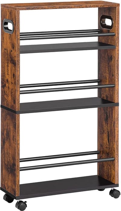 serveerwagen met 3 planken, Keukenwagentje, wagen op wielen, Opbergtrolley op wieltjes, voor Keuken Badkamer Kantoor, vintage, donkerbruine