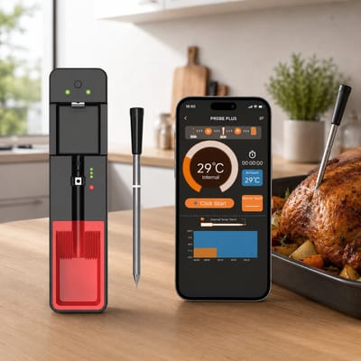 ECTEATOY® Vleesthermometer Draadloos met App – RVS - BBQ Thermometer - BBQ Accessoires – Oventhermometer en Kookthermometer – Vleesthermometer - Draadloze Keukenthermometer voor Barbecue, Grill, Oven en Sous-Vide