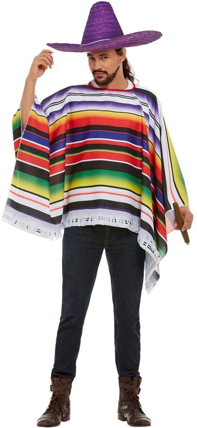 Carnaval verkleed set Mexicaan - gekleurde one size poncho - Sombrero hoed paars met dia 59 cm