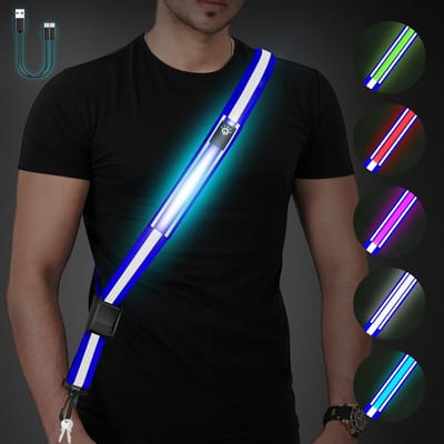 LED Reflecterende Riem Sjerp - 5 Lichten Kleuren & 3 Lichtmodi Hoge Zichtbaarheid Nachtveiligheidsgordel voor Wandelen 's Nachts Oplaadbare Light Up Running Gear Verstelbare Vest Riemen voor Blauw