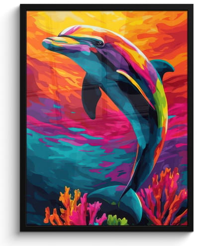 Poster in lijst - Fotolijst 60x80 cm - Posters - Dolfijn - Kleurrijk - Oceaan - Koraal - Posterlijst zwart - Decoratie - Wanddecoratie woonkamer - Muurdecoratie slaapkamer