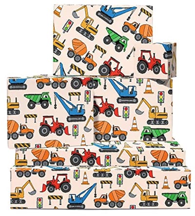 Cadeaupapier voor jongens - bouwplaats - 6 cadeauvellen - inpakpapier voor kinderen met stickers