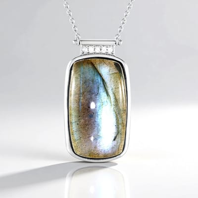 Cavill - Elegante Halsketting 925 Sterling Zilver Geplatineerd - Labradoriet Cabochon 20,203 Ct uit Madagaskar - Pavé Zirkonia - Dames Sieraad