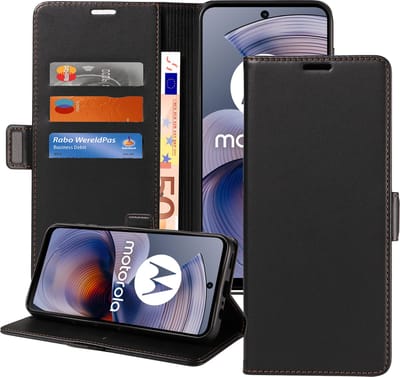 Geschikt voor Motorola Moto G55 Hoesje - Book Case Hoesje - Magnetische Sluiting - Portemonnee Rustic Zwart